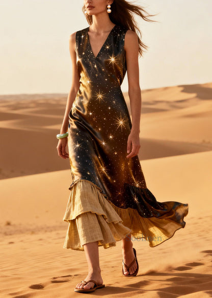 Elegant Brown Star Patchwork Linen Silk Maxi Dresses Summer