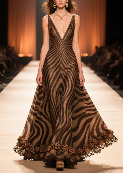 Elegant Brown V Neck Striped Chiffon Long Dresses Summer