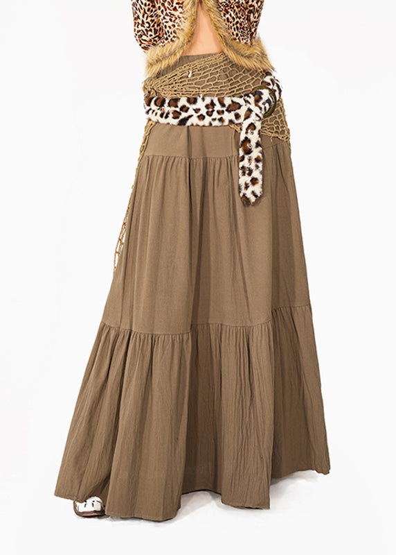Elegant Camel Patchwork Wrinkled Maxi Skirt Summer