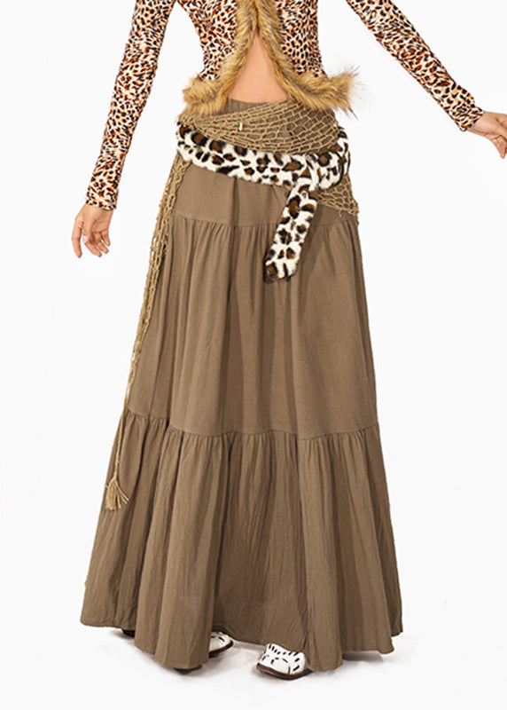 Elegant Camel Patchwork Wrinkled Maxi Skirt Summer