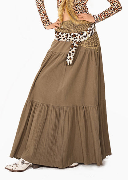 Elegant Camel Patchwork Wrinkled Maxi Skirt Summer