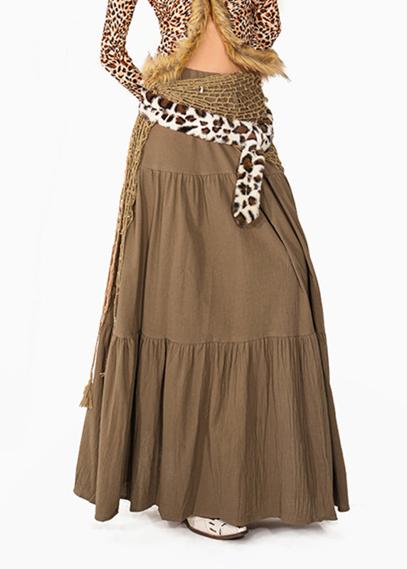 Elegant Camel Patchwork Wrinkled Maxi Skirt Summer