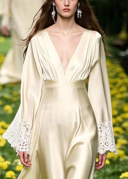 Elegant Champagne Patchwork Lace Draping Silk Long Dresses Spring