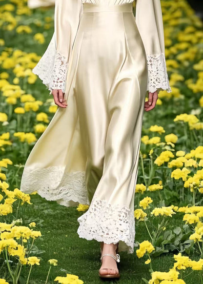 Elegant Champagne Patchwork Lace Draping Silk Long Dresses Spring