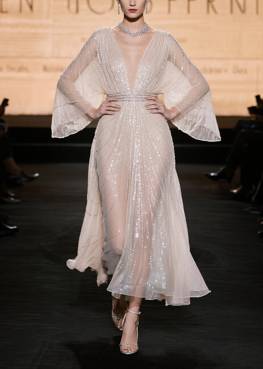 Elegant Champagne Sequins Hollow Out Tulle Party Dress Summer