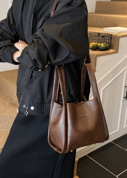 Elegant Chocolate Jacquard Faux Leather Bucket Bag