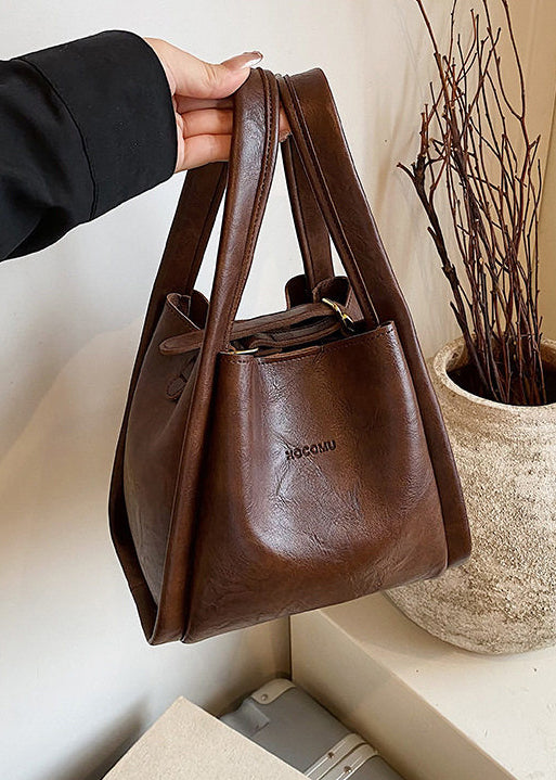 Elegant Chocolate Jacquard Faux Leather Bucket Bag