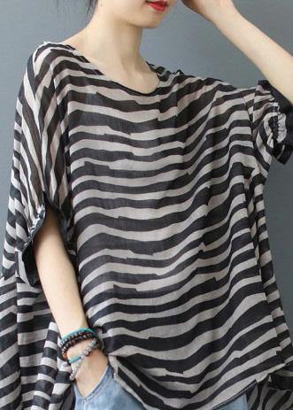 Elegant Chocolate Striped Clothes For Women O Neck Midi  Blouse - SooLinen