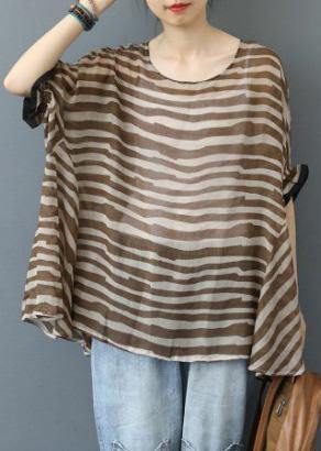 Elegant Chocolate Striped Clothes For Women O Neck Midi  Blouse - SooLinen