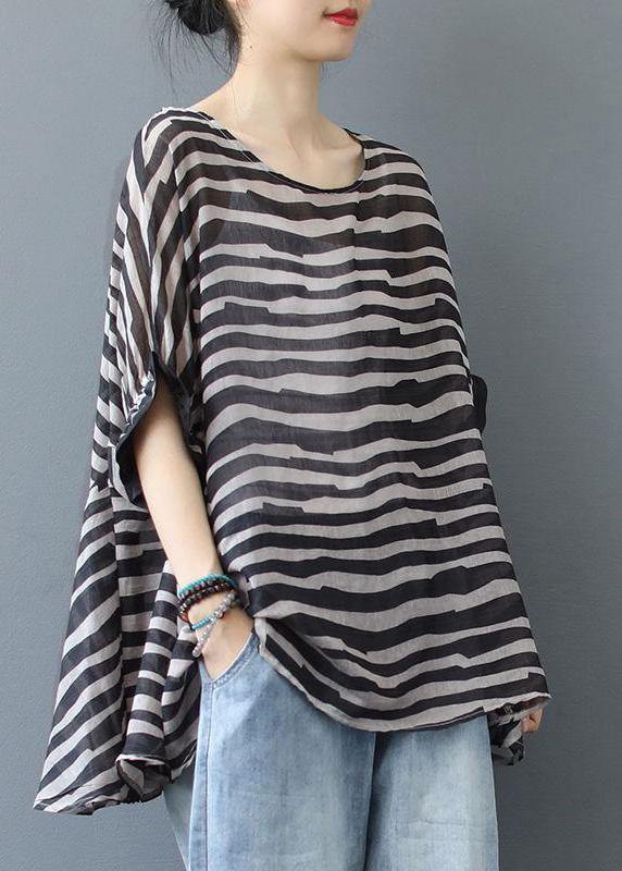 Elegant Chocolate Striped Clothes For Women O Neck Midi  Blouse - SooLinen