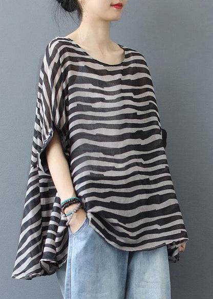 Elegant Chocolate Striped Clothes For Women O Neck Midi  Blouse - SooLinen