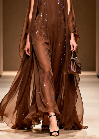 Elegant Coffee Cold Shoulder Zircon Chiffon Maxi Dresses Sleeveless