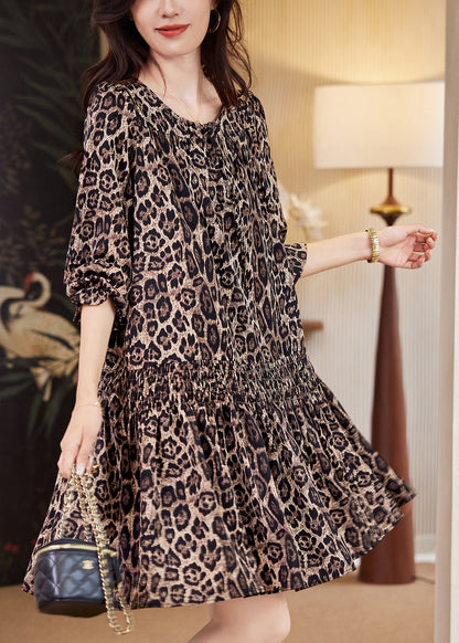 Elegant Coffee Leopard Print Elastic Waist Mid Dresses Fall