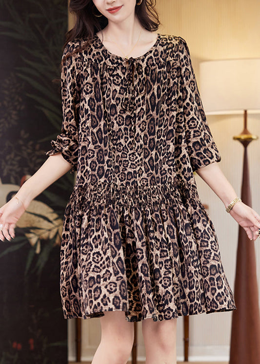Elegant Coffee Leopard Print Elastic Waist Mid Dresses Fall