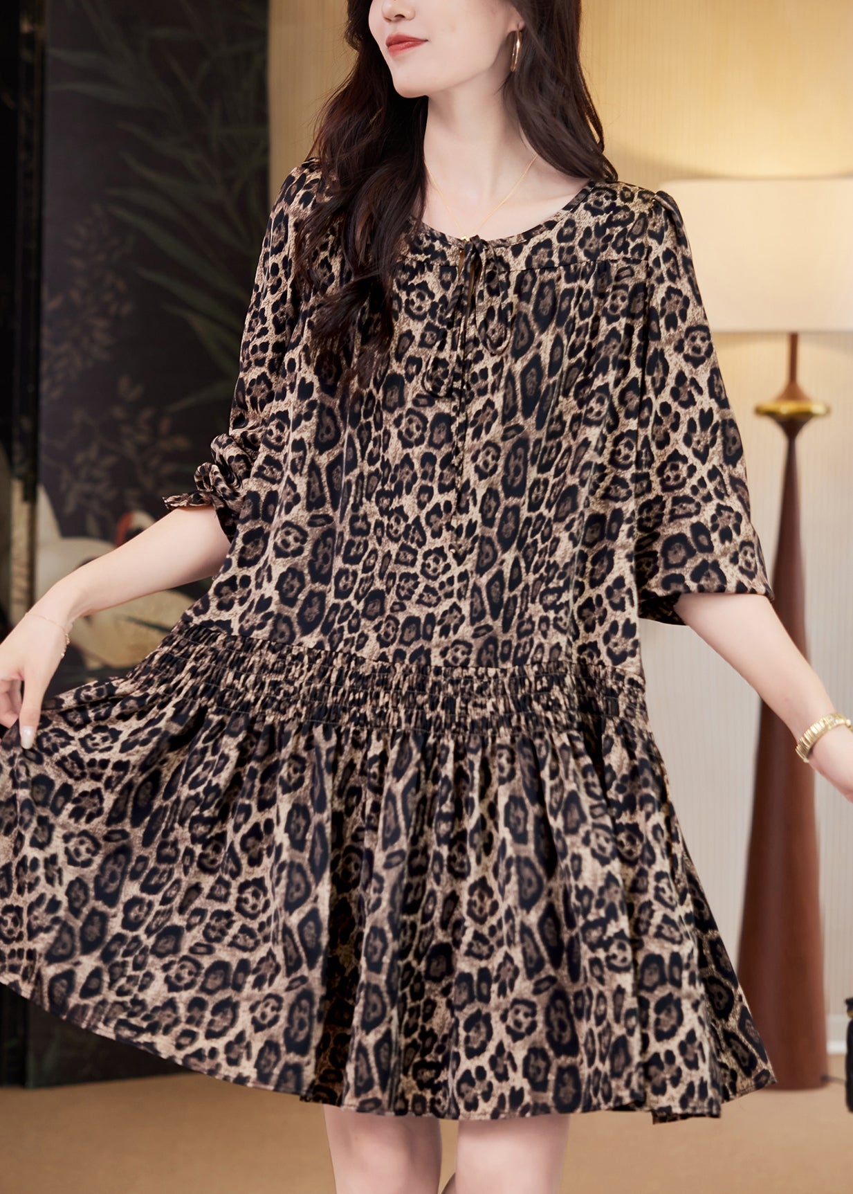 Elegant Coffee Leopard Print Elastic Waist Mid Dresses Fall