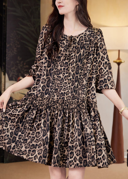 Elegant Coffee Leopard Print Elastic Waist Mid Dresses Fall