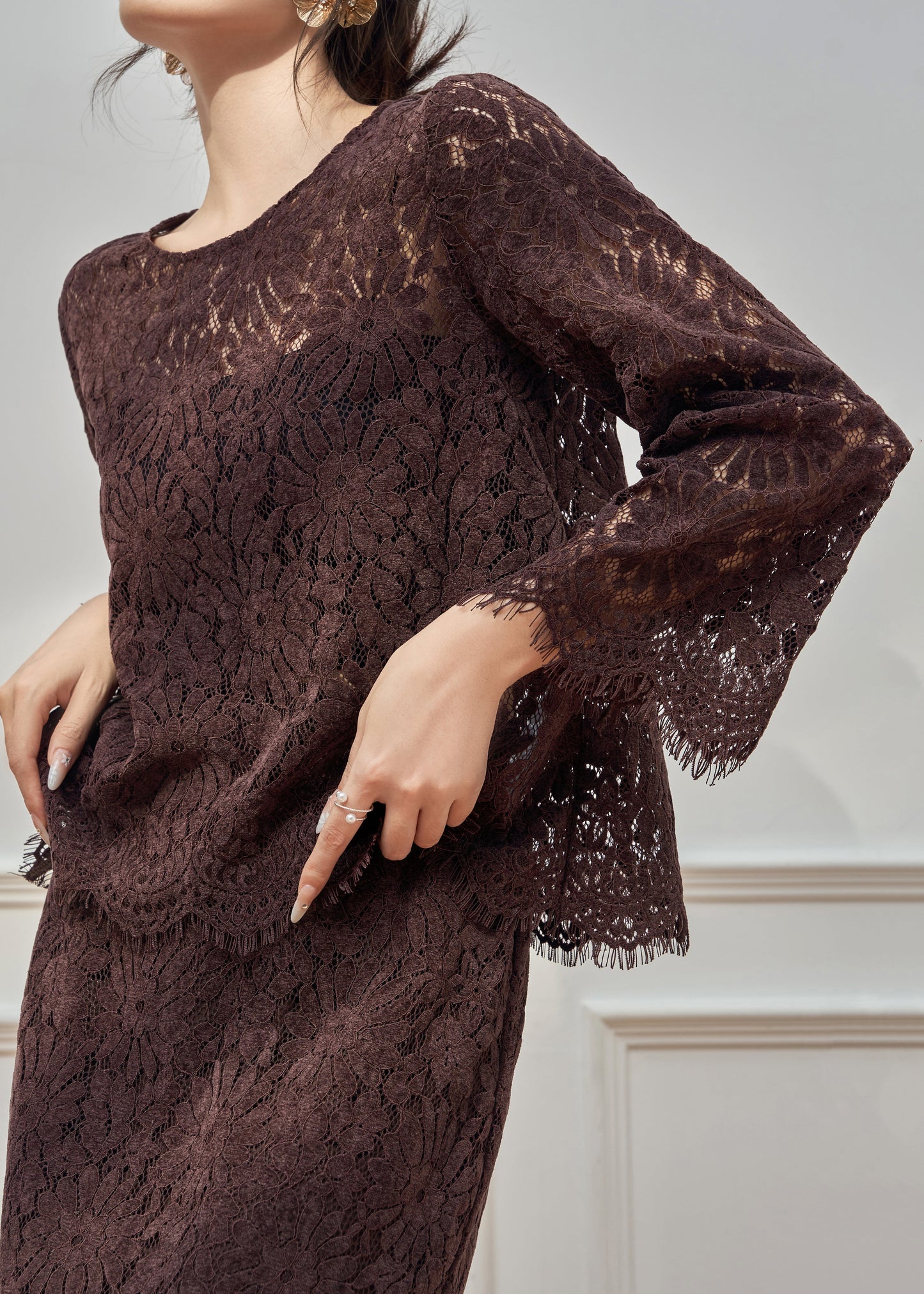 Elegant Coffee O Neck Hollow Out Lace Two Pieces Set Fall