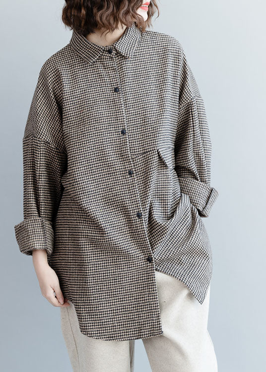 Elegante Schokolade Peter Pan Kragen Plaid Woolen Top Frühling
