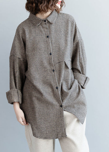Elegante Schokolade Peter Pan Kragen Plaid Woolen Top Frühling