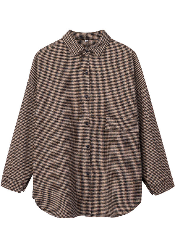 Elegante Schokolade Peter Pan Kragen Plaid Woolen Top Frühling
