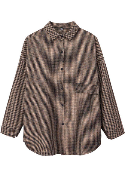 Elegante Schokolade Peter Pan Kragen Plaid Woolen Top Frühling