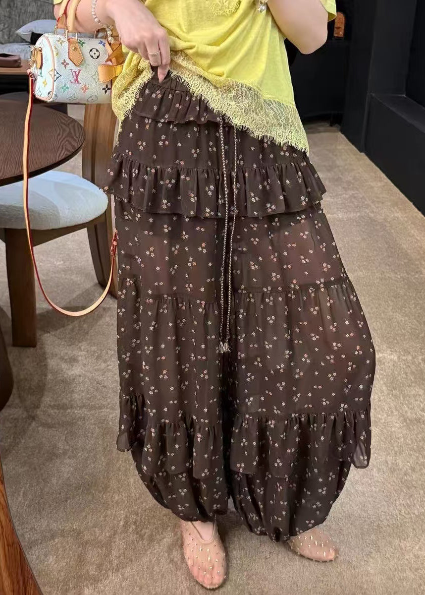 Elegant Coffee Ruffled Drawstring Print Chiffon Lantern Pants Summer