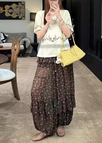 Elegant Coffee Ruffled Drawstring Print Chiffon Lantern Pants Summer