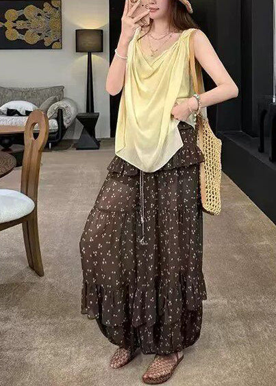 Elegant Coffee Ruffled Drawstring Print Chiffon Lantern Pants Summer