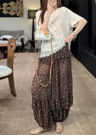 Elegant Coffee Ruffled Drawstring Print Chiffon Lantern Pants Summer