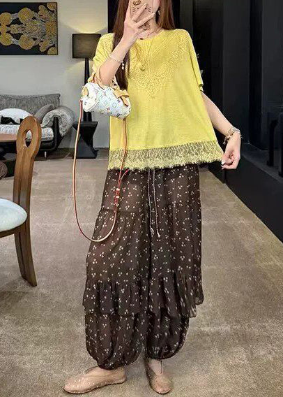 Elegant Coffee Ruffled Drawstring Print Chiffon Lantern Pants Summer