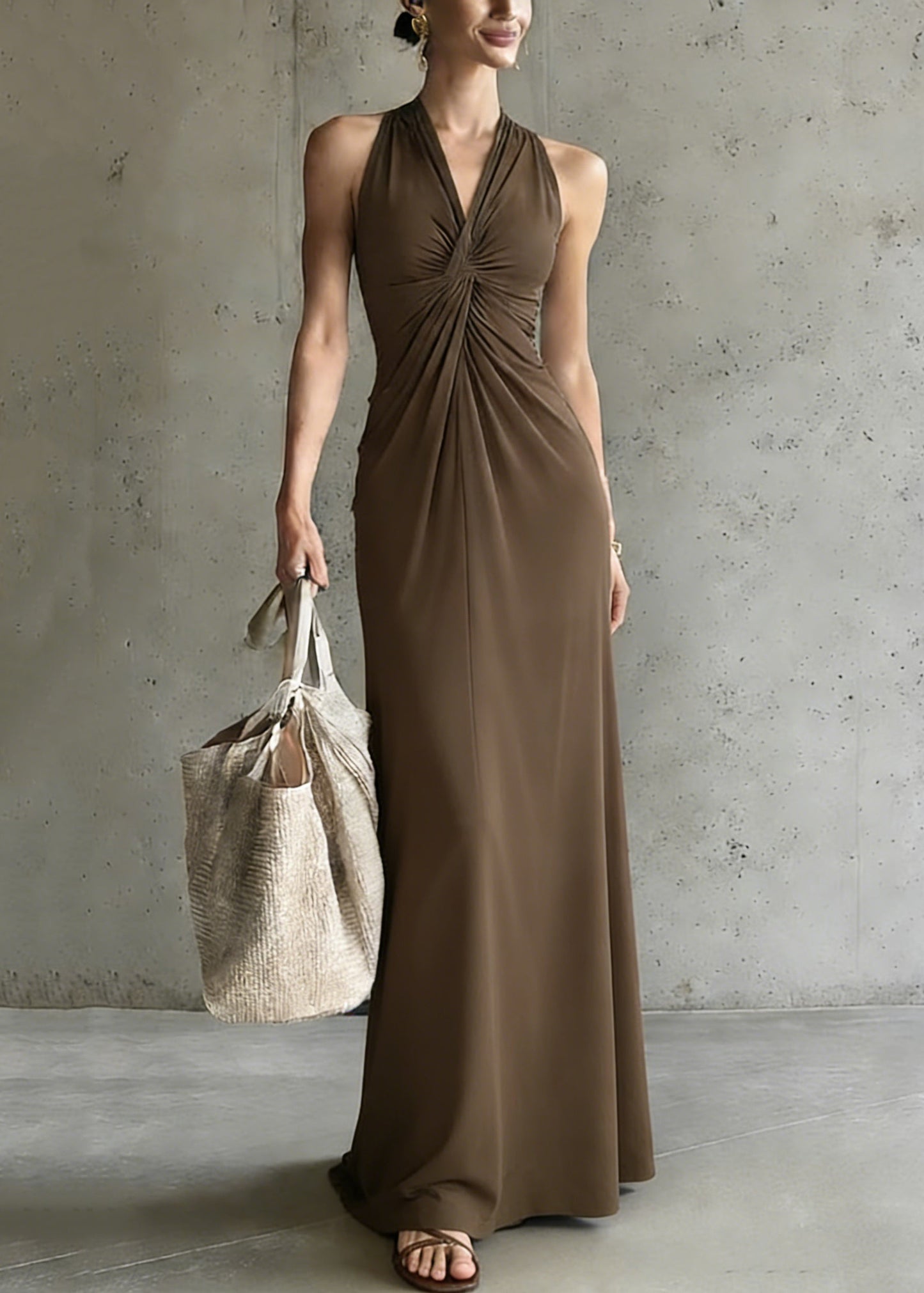 Elegant Coffee V Neck Cold Shoulder Wrinkled Solid Long Dress Summer