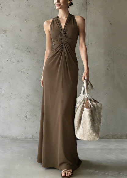 Elegant Coffee V Neck Cold Shoulder Wrinkled Solid Long Dress Summer