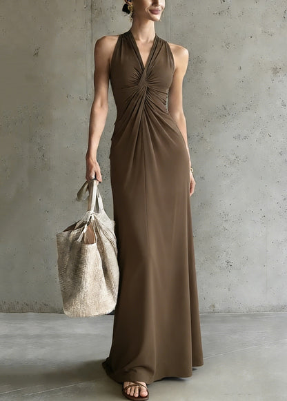 Elegant Coffee V Neck Cold Shoulder Wrinkled Solid Long Dress Summer