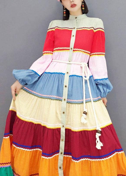 Elegant Color Block Button Patchwork Holiday Dress Fall Long Sleeve - SooLinen