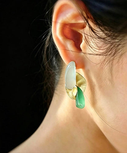 Elegant Colorblock Alloy Ginkgo Leaf Chalcedony Water Drop Drop Earrings