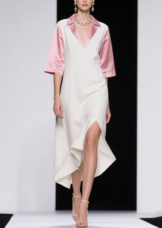 Elegant Colorblock Asymmetrical Patchwork Linen Silk Dresses Summer
