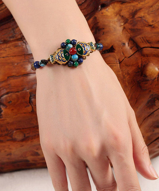 Elegantes Colorblock-Charm-Armband mit bronzefarbenem Goldfisch, achatfarbener Glasur und Edelstein-Cloisonne