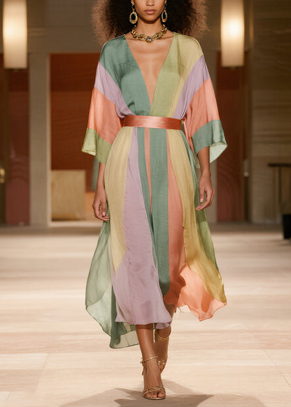 Elegant Colorblock Cinched Striped Silk Cotton Dress Summer