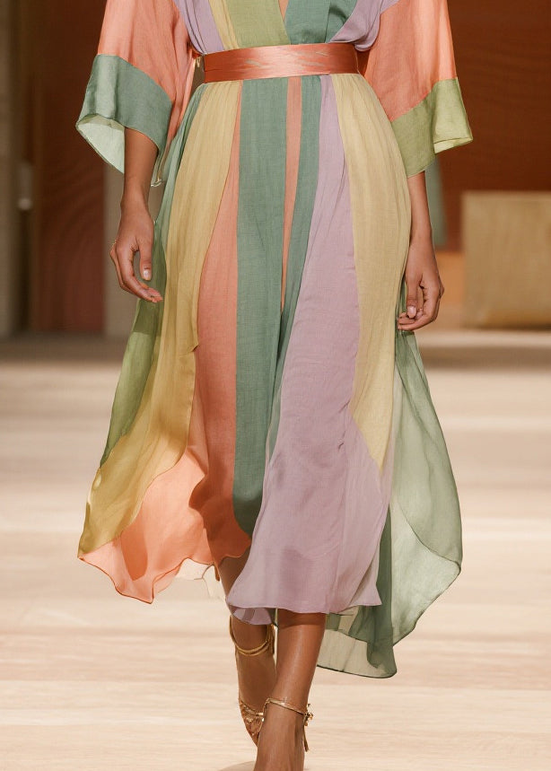 Elegant Colorblock Cinched Striped Silk Cotton Dress Summer