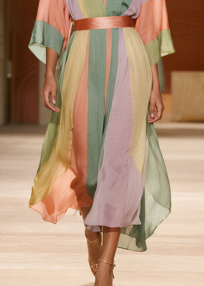Elegant Colorblock Cinched Striped Silk Cotton Dress Summer