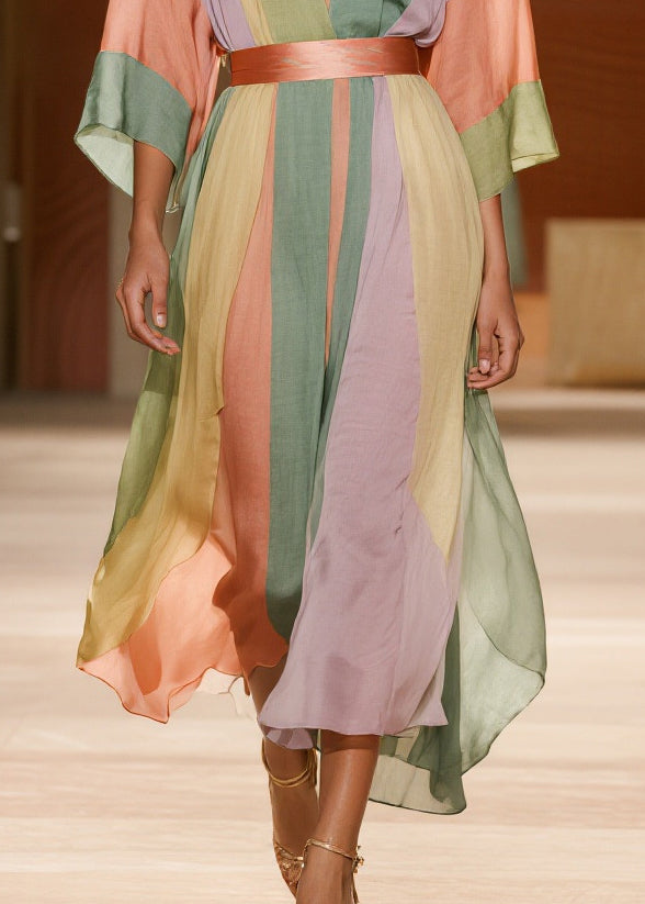 Elegant Colorblock Striped Draping Silk Cotton Tunic Dresses Summer