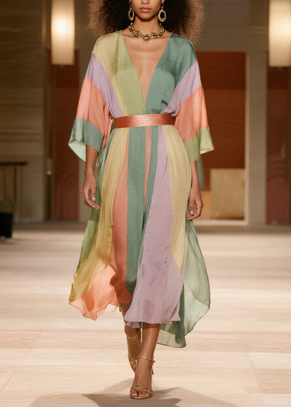 Elegant Colorblock Striped Draping Silk Cotton Tunic Dresses Summer