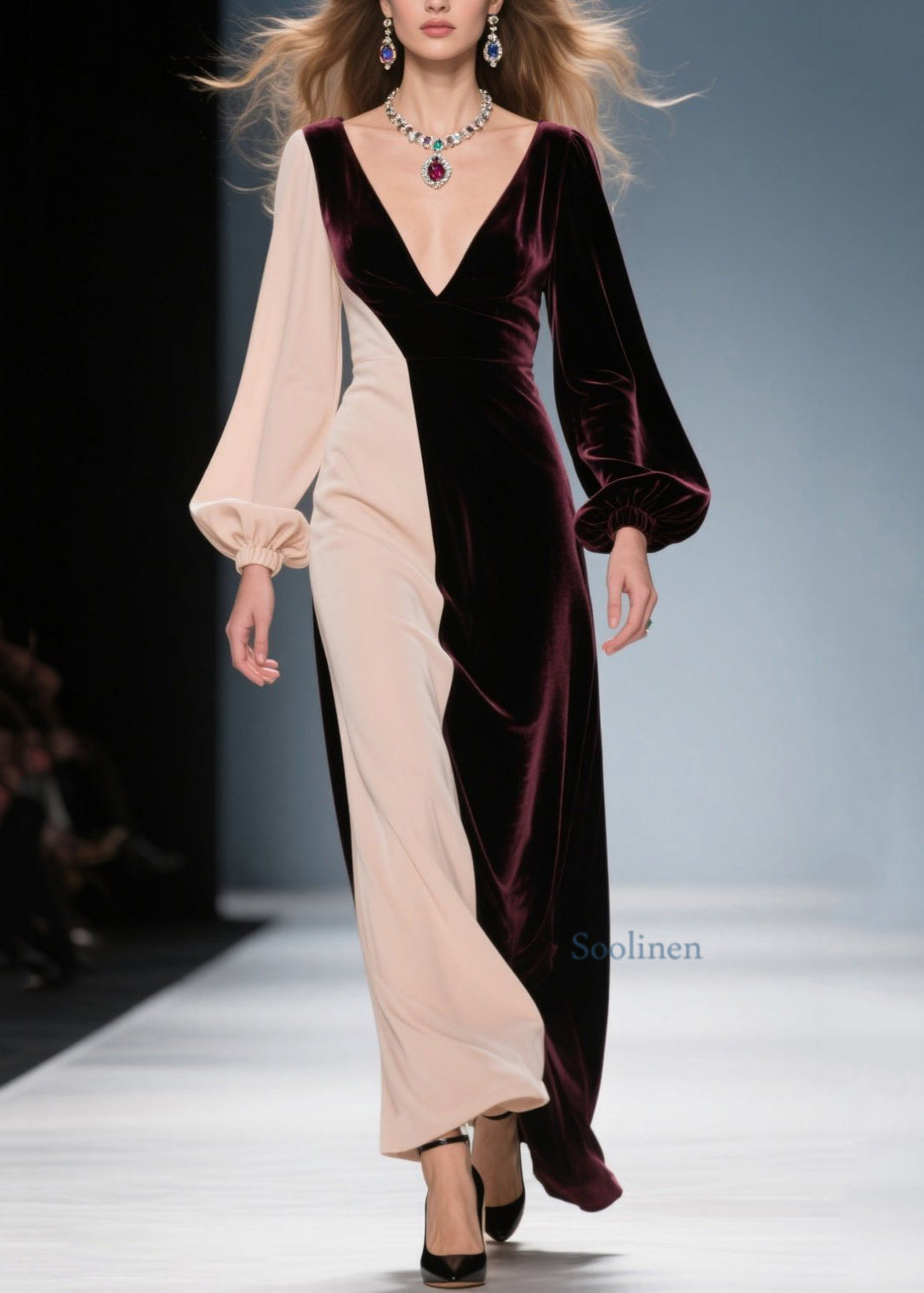 Elegante vestido largo de terciopelo con cuello en V y patchwork en bloques de color para primavera