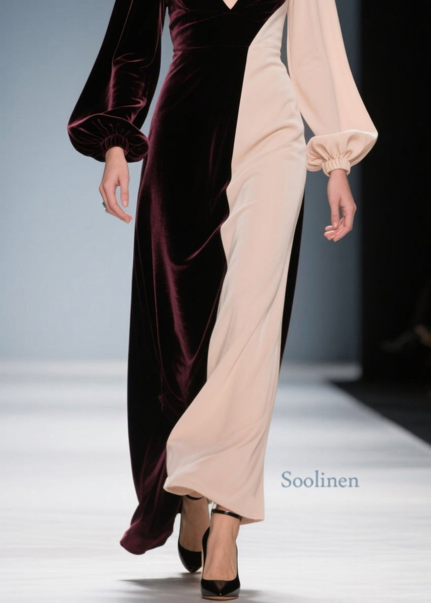 Elegante vestido largo de terciopelo con cuello en V y patchwork en bloques de color para primavera