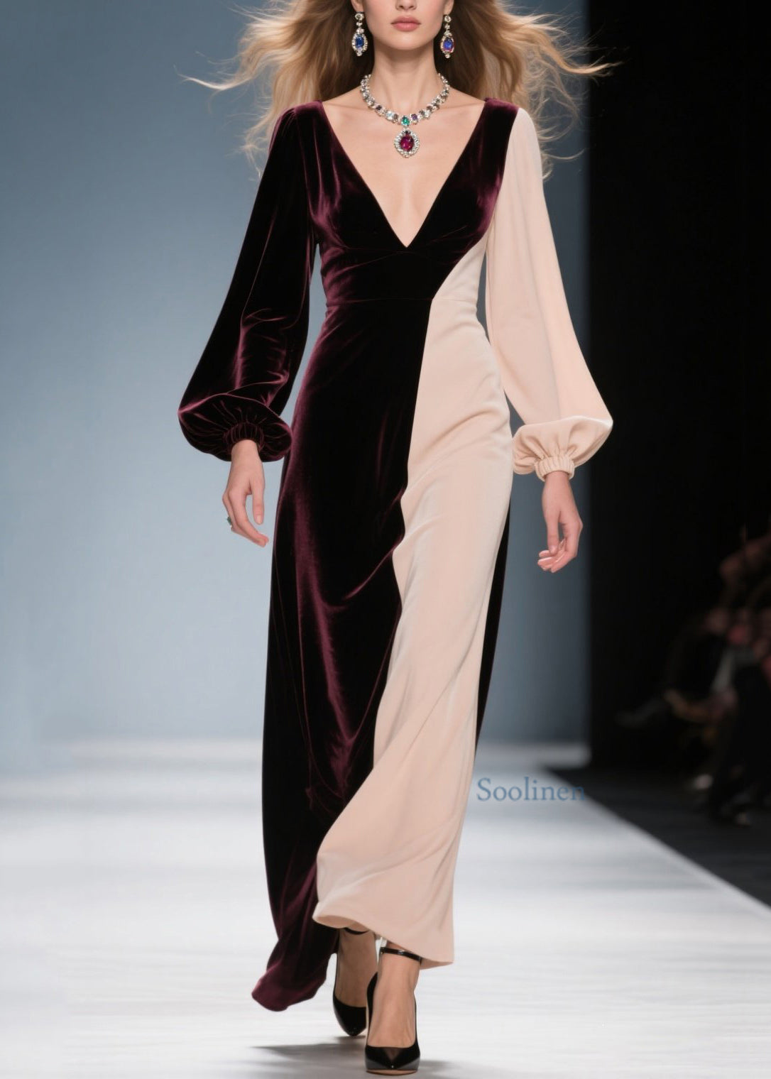 Elegante vestido largo de terciopelo con cuello en V y patchwork en bloques de color para primavera