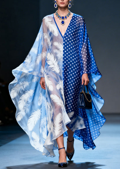 Elegant Colorblock V Neck Print Patchwork Chiffon Dress Summer