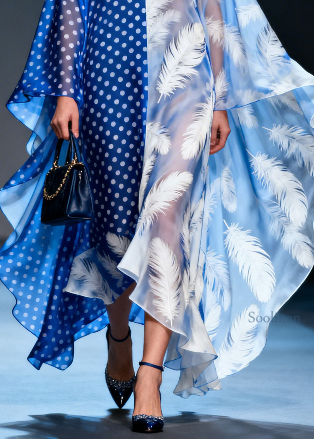 Elegant Colorblock V Neck Print Patchwork Chiffon Dress Summer