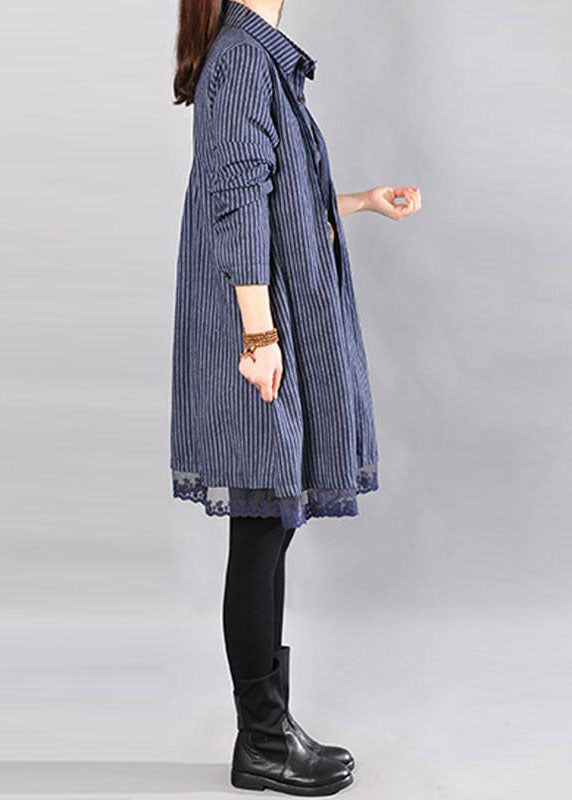 Elegante Baumwollkleidung für Frauen in Übergröße, lockeres Baumwolldruck-Spitzensaum-Blaukleid