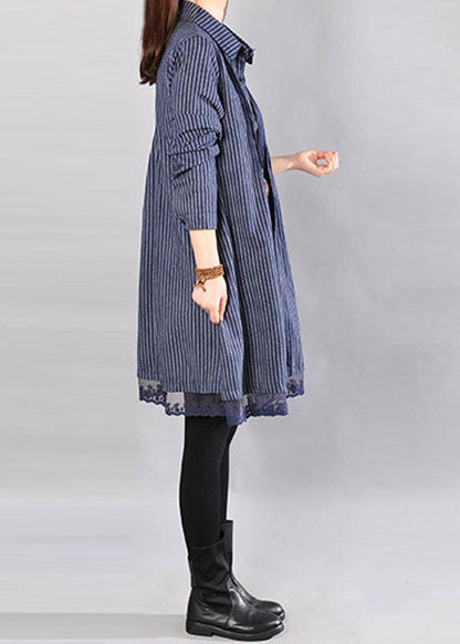 Elegante Baumwollkleidung für Frauen in Übergröße, lockeres Baumwolldruck-Spitzensaum-Blaukleid