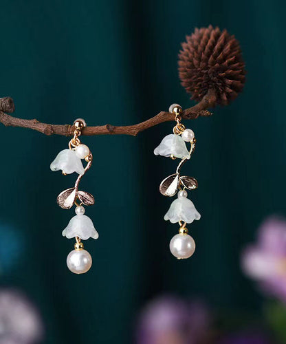 Elegantes pendientes colgantes de orquídea con borlas de perlas de aleación cian